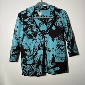 Chicos Silk Cotton Knit Cardigan Shacket Teal Brown Botanical Floral Size 0 XS S